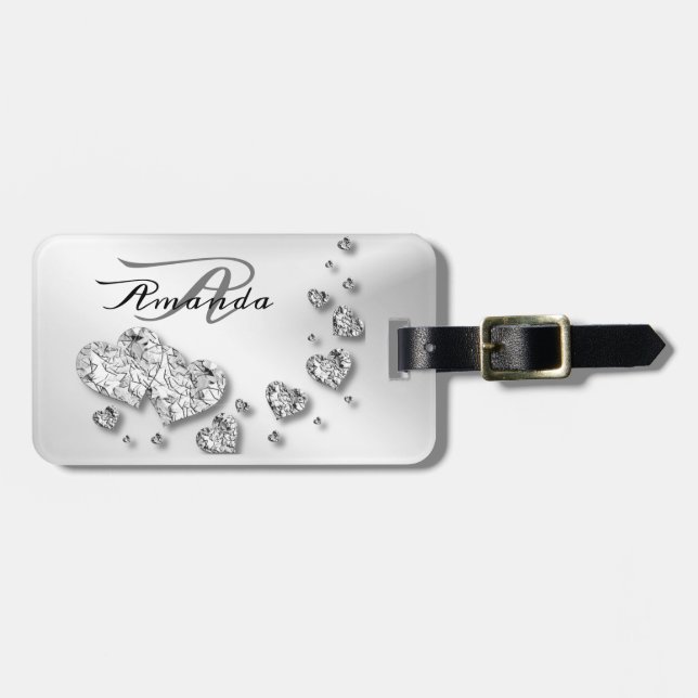 Monogram Name Silver Hearts Grey Travel Luggage Tag (Front Horizontal)