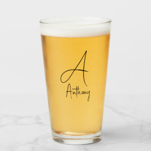 Monogram Name Simple Black Script Beer Glass
