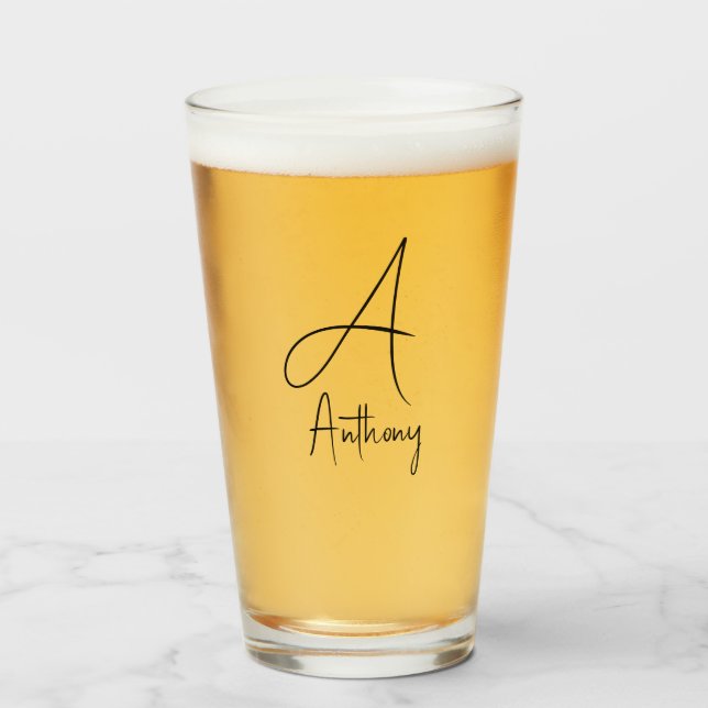Monogram Name Simple Black Script Beer Glass (Front Filled)