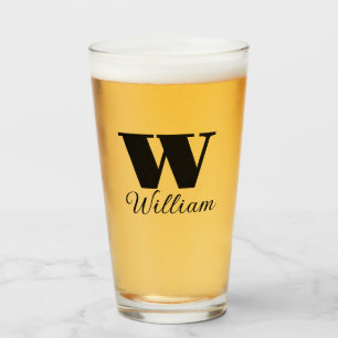 Monogram Name Simple Black Script Beer Glass