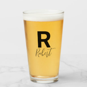 Monogram Name Simple Black Script Beer Glass