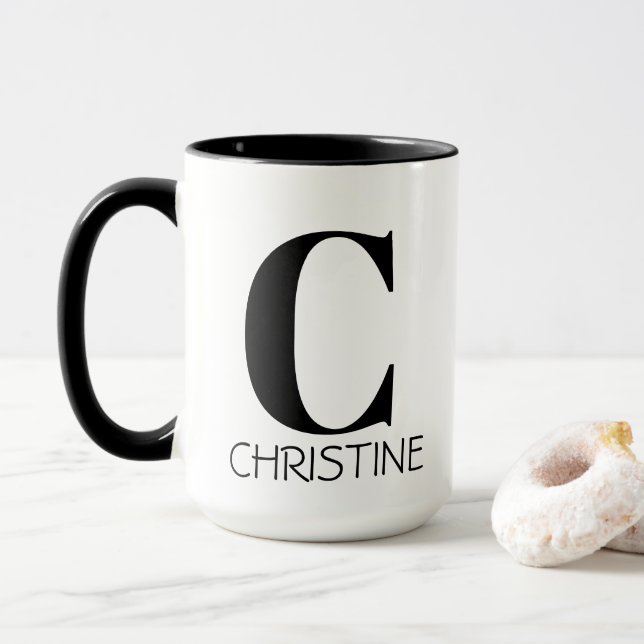 Monogram Name Simple Elegant Black & White Mug (With Donut)