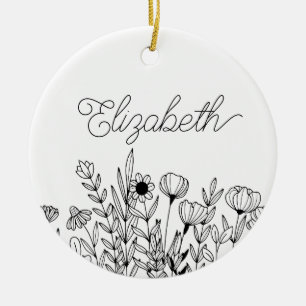 Monogram Name Simple Minimalistic Floral Graphic Ceramic Tree Decoration