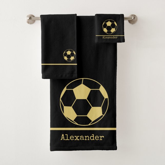 Monogram name Soccer Football Gold Black Bath Towel Set (Insitu)