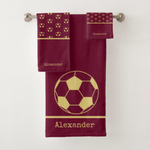 Monogram name Soccer Football Gold Burgundy Bath Towel Set