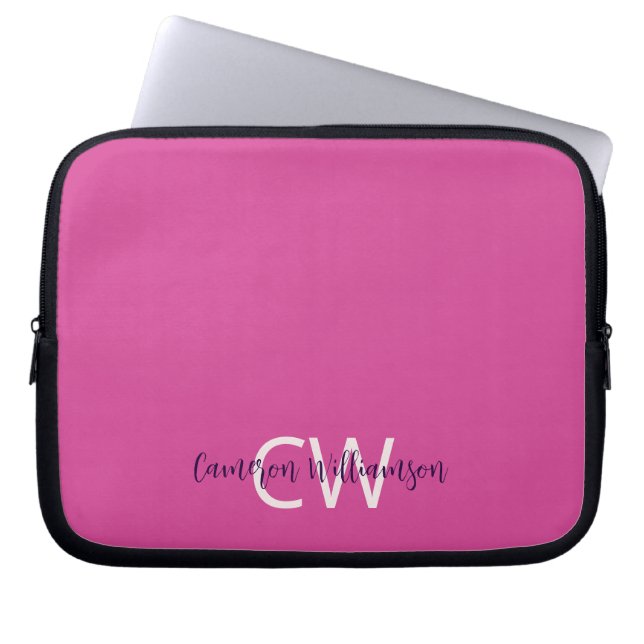 Monogram Name Sophisticated Solid Vibrant Pink Laptop Sleeve (Front)