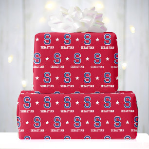 Monogram Name Star Crimson Navy Custom Wrapping Paper
