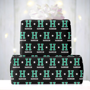 Monogram Name Star Green Black Custom Wrapping Paper