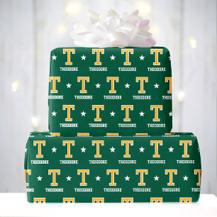 Monogram Name Star Green Yellow Custom Wrapping Paper