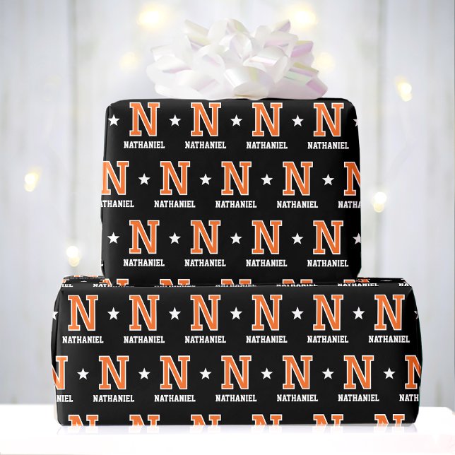 Monogram Name Star Orange Black Custom Wrapping Paper (Creator Uploaded)