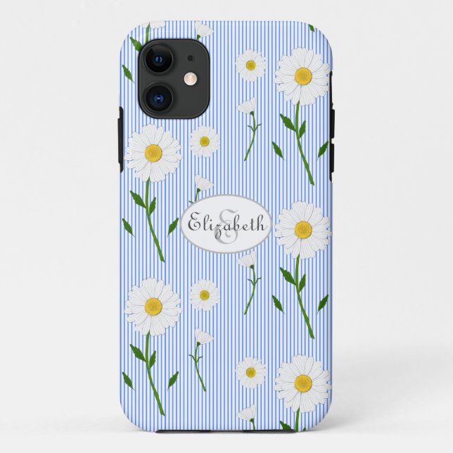 Monogram Name Summer Daisies Pattern Blue Stripe Case-Mate iPhone Case (Back)