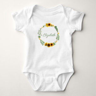 Monogram Name Sunflowers Yellow Green Floral Baby Bodysuit