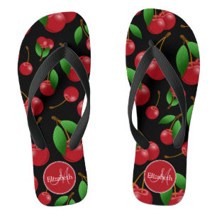 monogram name sweet red cherries pattern on black flip flops