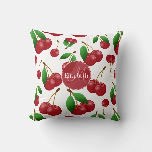 monogram name sweet summertime cherries patterned cushion (Front)