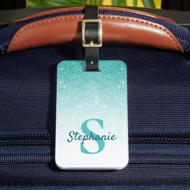 Monogram Name Teal Glitter Sparkle Chic Luggage Tag (Front Insitu 2)