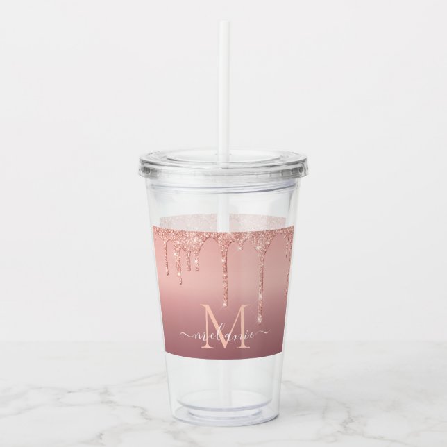 Monogram Name Text Rose Gold Acrylic Tumbler (Front)