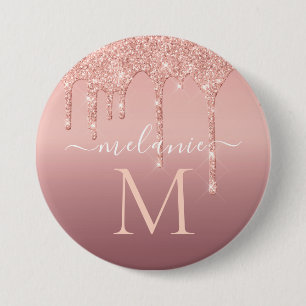 Monogram Name Text Rose Gold Blush Glitter Button