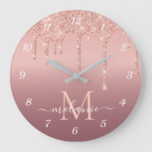 Monogram Name Text Rose Gold Blush Glitter Clock