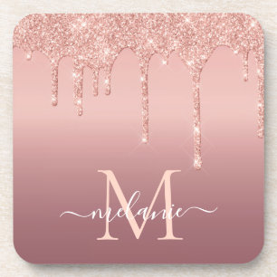 Monogram Name Text Rose Gold Blush Glitter Coaster