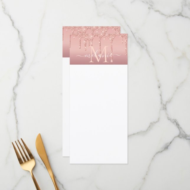 Monogram Name Text Rose Gold Blush Glitter Menu (Front/Back In Situ)