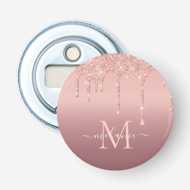 Monogram Name Text Rose Gold Blush Glitter Sparkle Bottle Opener (Front)
