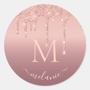 Monogram Name Text Rose Gold Blush Glitter Sparkle Classic Round Sticker