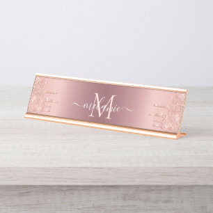 Monogram Name Text Rose Gold Blush Glitter Sparkle Desk Name Plate
