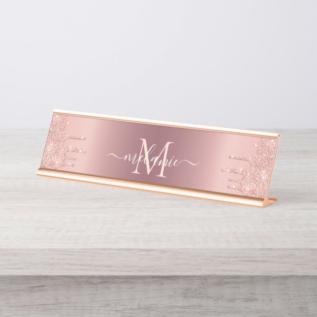 Monogram Name Text Rose Gold Blush Glitter Sparkle Desk Name Plate (Front)