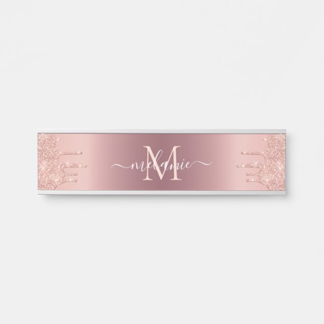 Monogram Name Text Rose Gold Blush Glitter Sparkle Door Sign (Front)