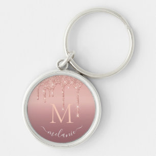Monogram Name Text Rose Gold Blush Glitter Sparkle Key Ring