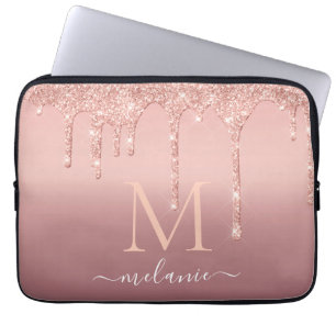 Monogram Name Text Rose Gold Blush Glitter Sparkle Laptop Sleeve