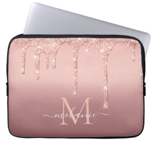 Monogram Name Text Rose Gold Blush Glitter Sparkle Laptop Sleeve