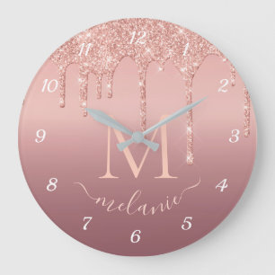 Monogram Name Text Rose Gold Blush Glitter Sparkle Large Clock