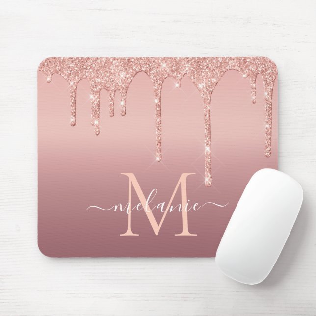 Monogram Name Text Rose Gold Blush Glitter Sparkle Mouse Mat (With Mouse)