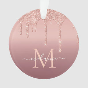 Monogram Name Text Rose Gold Blush Glitter Sparkle Ornament