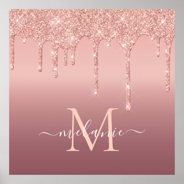 Monogram Name Text Rose Gold Blush Glitter Sparkle Poster (Front)