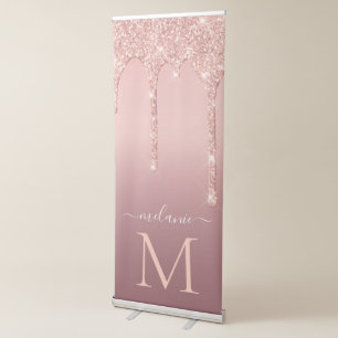 Monogram Name Text Rose Gold Blush Glitter Sparkle Retractable Banner