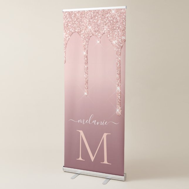 Monogram Name Text Rose Gold Blush Glitter Sparkle Retractable Banner (3/4)