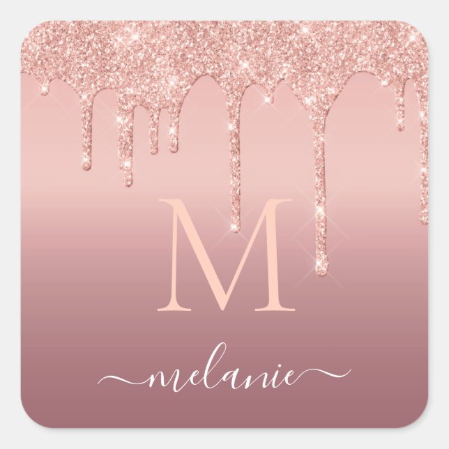 Monogram Name Text Rose Gold Blush Glitter Sparkle Square Sticker (Front)