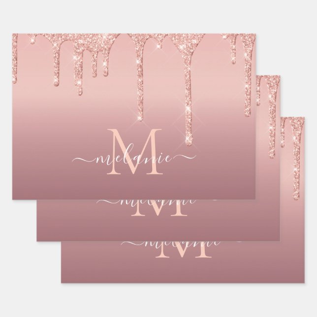 Monogram Name Text Rose Gold Blush Glitter Sparkle Wrapping Paper Sheet (Set)