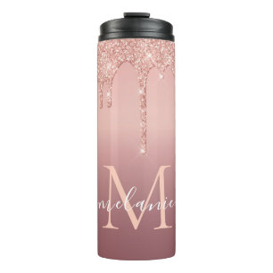 Monogram Name Text Rose Gold Blush Glitter Thermal Tumbler