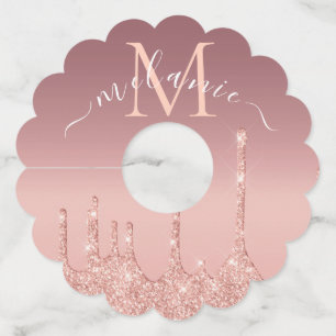 Monogram Name Text Rose Gold Blush Glitter Wine Glass Tag