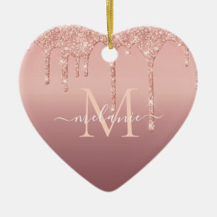 Monogram Name Text Rose Gold Blush Sparkle Ceramic Tree Decoration