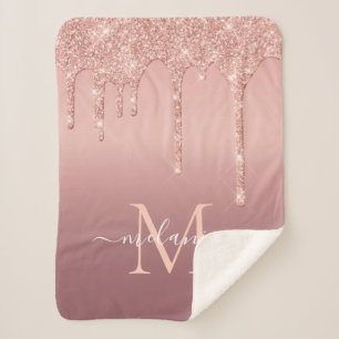 Monogram Name Text Rose Gold Blush Sparkle Sherpa Blanket