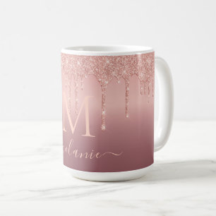 Monogram Name Text Rose Gold Glitter Coffee Mug