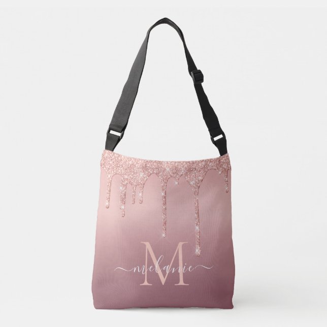 Monogram Name Text Rose Gold Glitter Crossbody Bag (Front)
