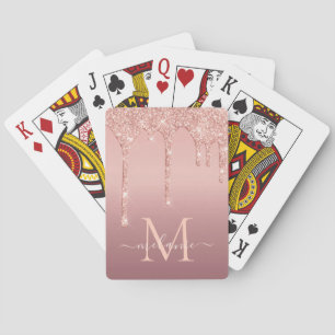 Monogram Name Text Rose Gold Glitter Playing Cards