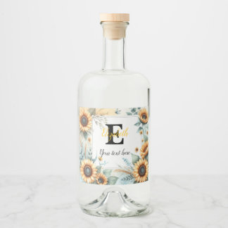 Monogram name text sunflowers watercolor modern liquor bottle label