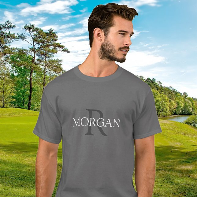 Monogram & Name, Trendy Design Grey White Text T-Shirt (Creator Uploaded)