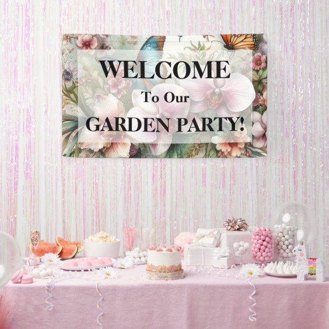 Monogram name Tropical flowers leaves watercolor  Banner (Party)